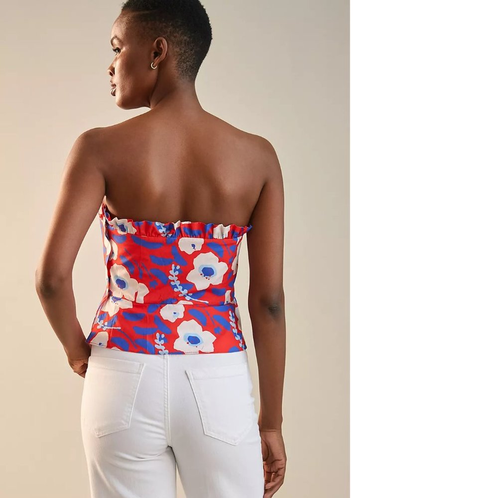 Anthropologie Red Floral Ruffled V-Neck Sleeveless Top - Picture 5 of 6